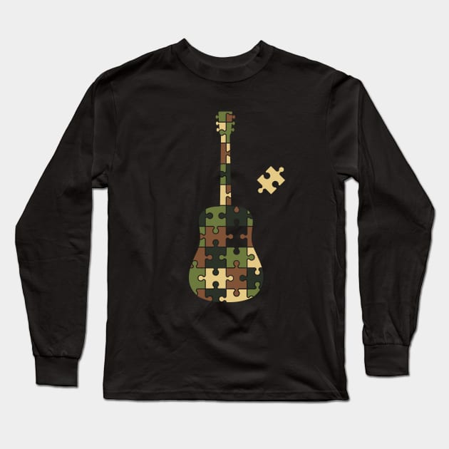 Camouflage Puzzle Acoustic Guitar Silhouette Long Sleeve T-Shirt by nightsworthy